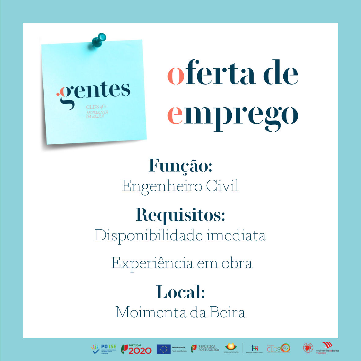 Read more about the article Oferta de emprego- Engenheiro Civil